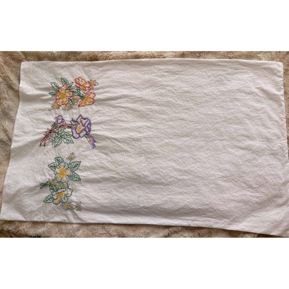 Vintage‎ Hand Embroidered Floral White Cotton Pillowcase Cottagecore Farmhouse